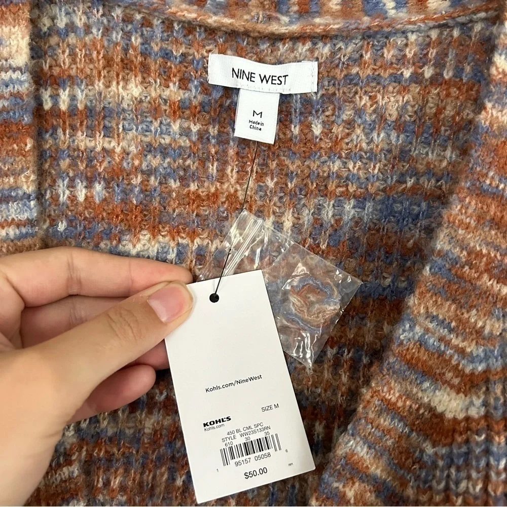 🦋 NWT Nine West Orange Blue Marled V-Neck Wrap Sweater Medium